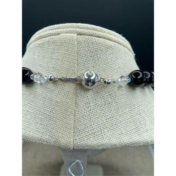 Vintage Tourmaline Black Beaded Choker Necklace with Silver Ball Push Clasp - Picture 3 of 10
